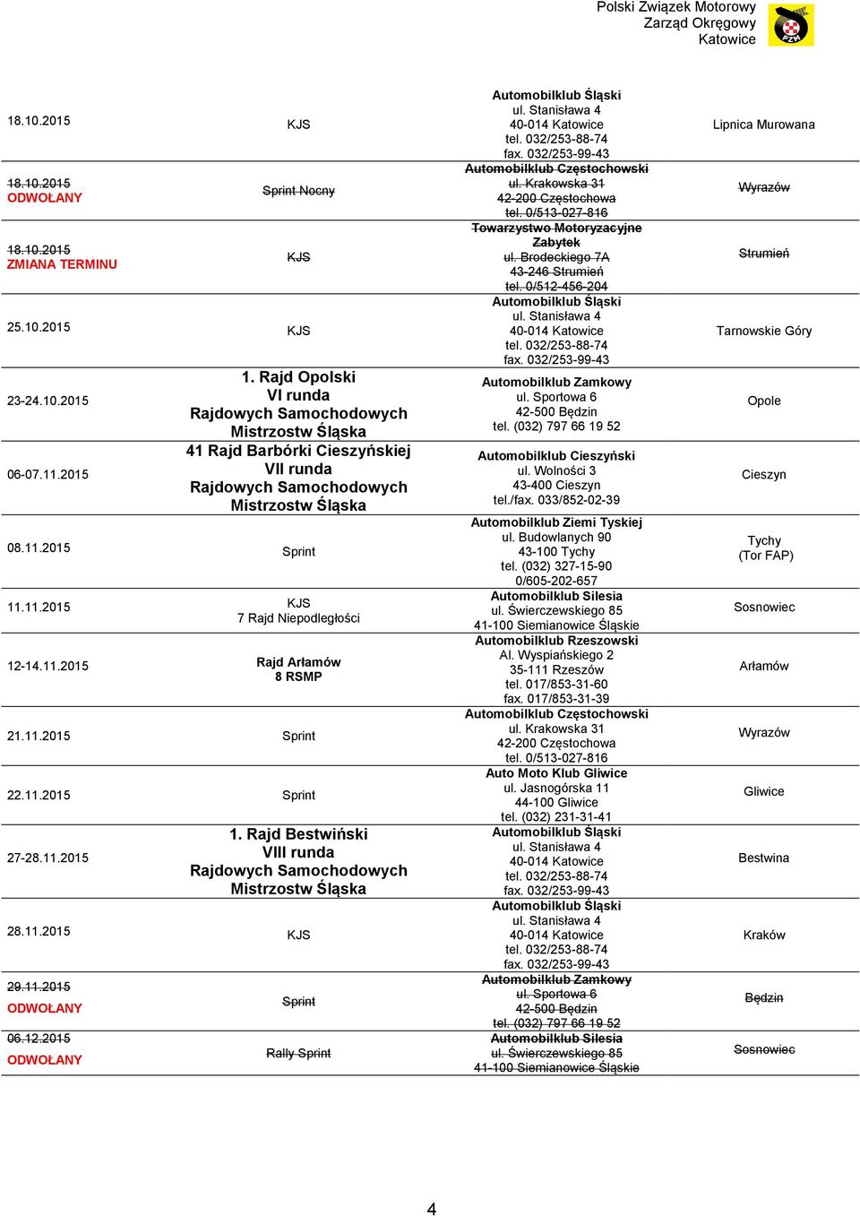 Rajd Bestwiński VIII runda 28.11.2015 29.11.2015 06.12.2015 Sprint Rally Sprint Towarzystwo Motoryzacyjne Zabytek ul. Brodeckiego 7A 43-246 Strumień tel.