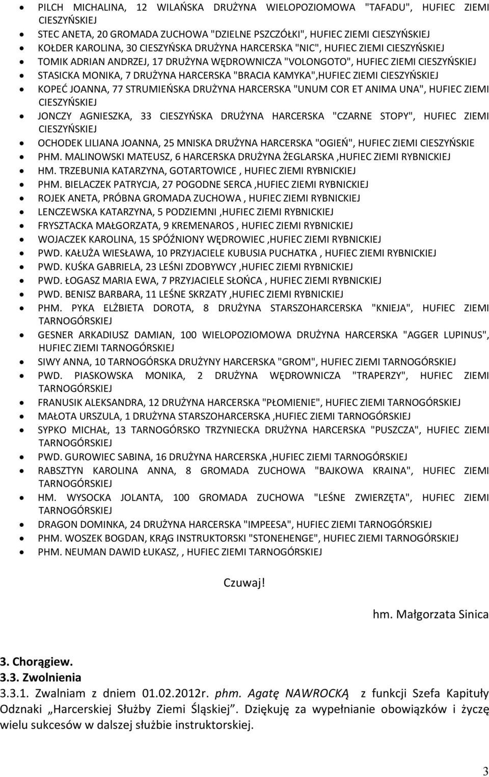"UNUM COR ET ANIMA UNA", HUFIEC ZIEMI JONCZY AGNIESZKA, 33 CIESZYŃSKA DRUŻYNA HARCERSKA "CZARNE STOPY", HUFIEC ZIEMI OCHODEK LILIANA JOANNA, 25 MNISKA DRUŻYNA HARCERSKA "OGIEŃ", HUFIEC ZIEMI