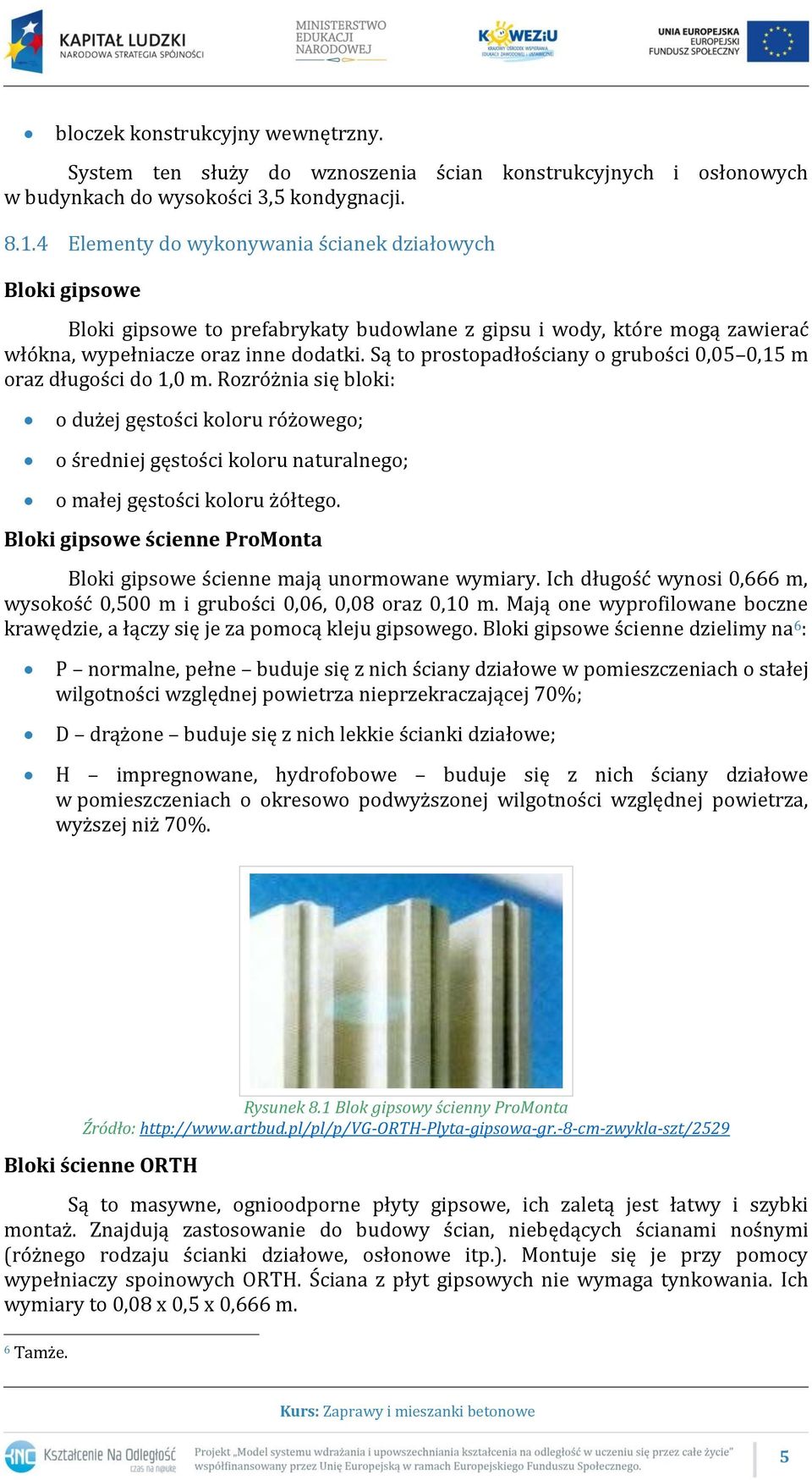 Są to prostopadłościany o grubości 0,05 0,15 m oraz długości do 1,0 m. Rozróżnia się bloki: o dużej gęstości koloru różowego; o średniej gęstości koloru naturalnego; o małej gęstości koloru żółtego.