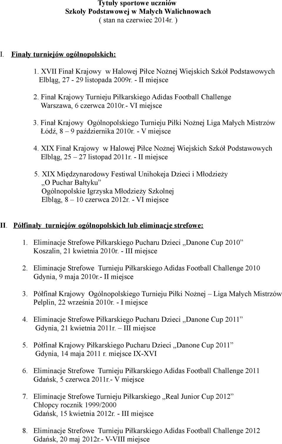 Finał Krajowy Ogólnopolskiego Turnieju Piłki Nożnej Liga Małych Mistrzów Łódź, 8 9 października 2010r. - V miejsce 4. XIX Finał Krajowy Elbląg, 25 27 listopad 2011r. - II miejsce 5.