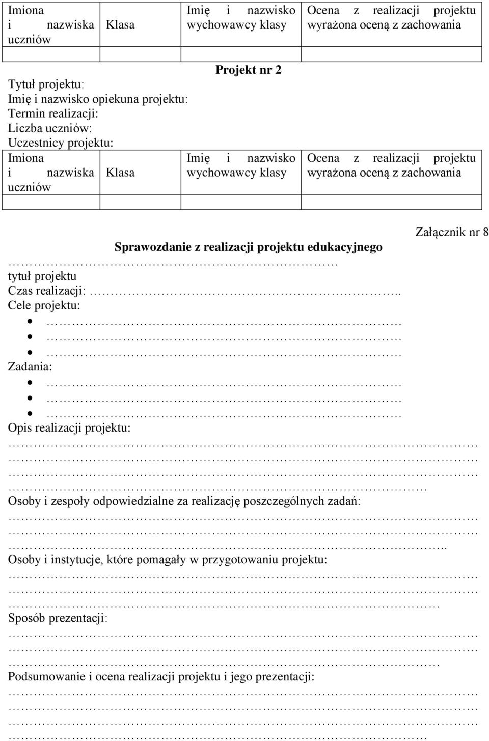 zachowania Załącznik nr 8 Sprawozdanie z realizacji projektu edukacyjnego tytuł projektu Czas realizacji:.