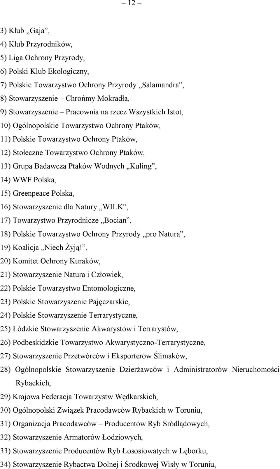 Kuling, 14) WWF Polska, 15) Greenpeace Polska, 16) Stowarzyszenie dla Natury WILK, 17) Towarzystwo Przyrodnicze Bocian, 18) Polskie Towarzystwo Ochrony Przyrody pro Natura, 19) Koalicja Niech Żyją!
