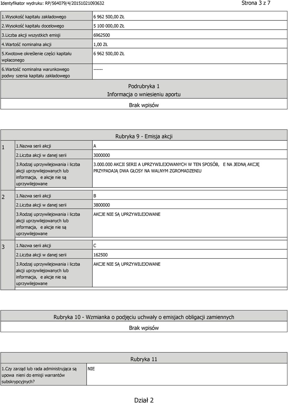 Wartość nominalna warunkowego podwy szenia kapitału zakładowego 1,00 ZŁ 6 962 500,00 ZŁ ------ Informacja o wniesieniu aportu Rubryka 9 - Emisja akcji 1 1.Nazwa serii akcji A 2.