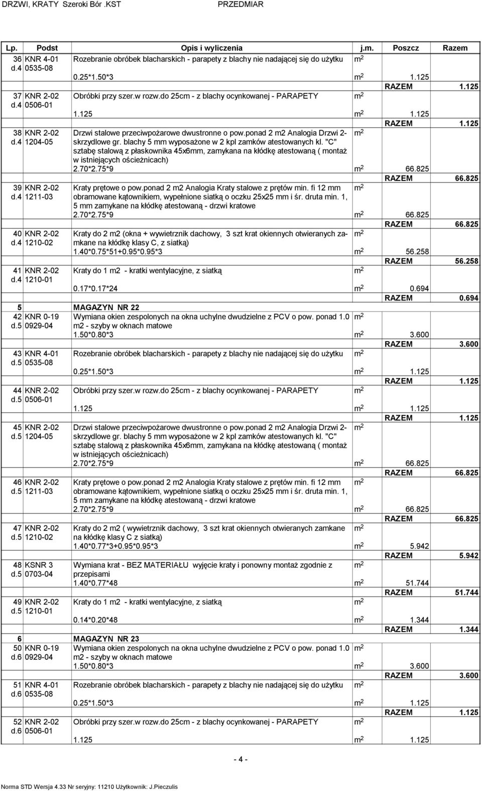 4 1211-03 40 KNR 2-02 d.4 1210-02 41 KNR 2-02 d.4 1210-01 Kraty do 2 2 (okna + wywietrznik dachowy, 3 szt krat okiennych otwieranych zakane 2 1.40*0.75*51+0.95*0.95*3 2 56.258 RAZEM 56.258 0.17*0.