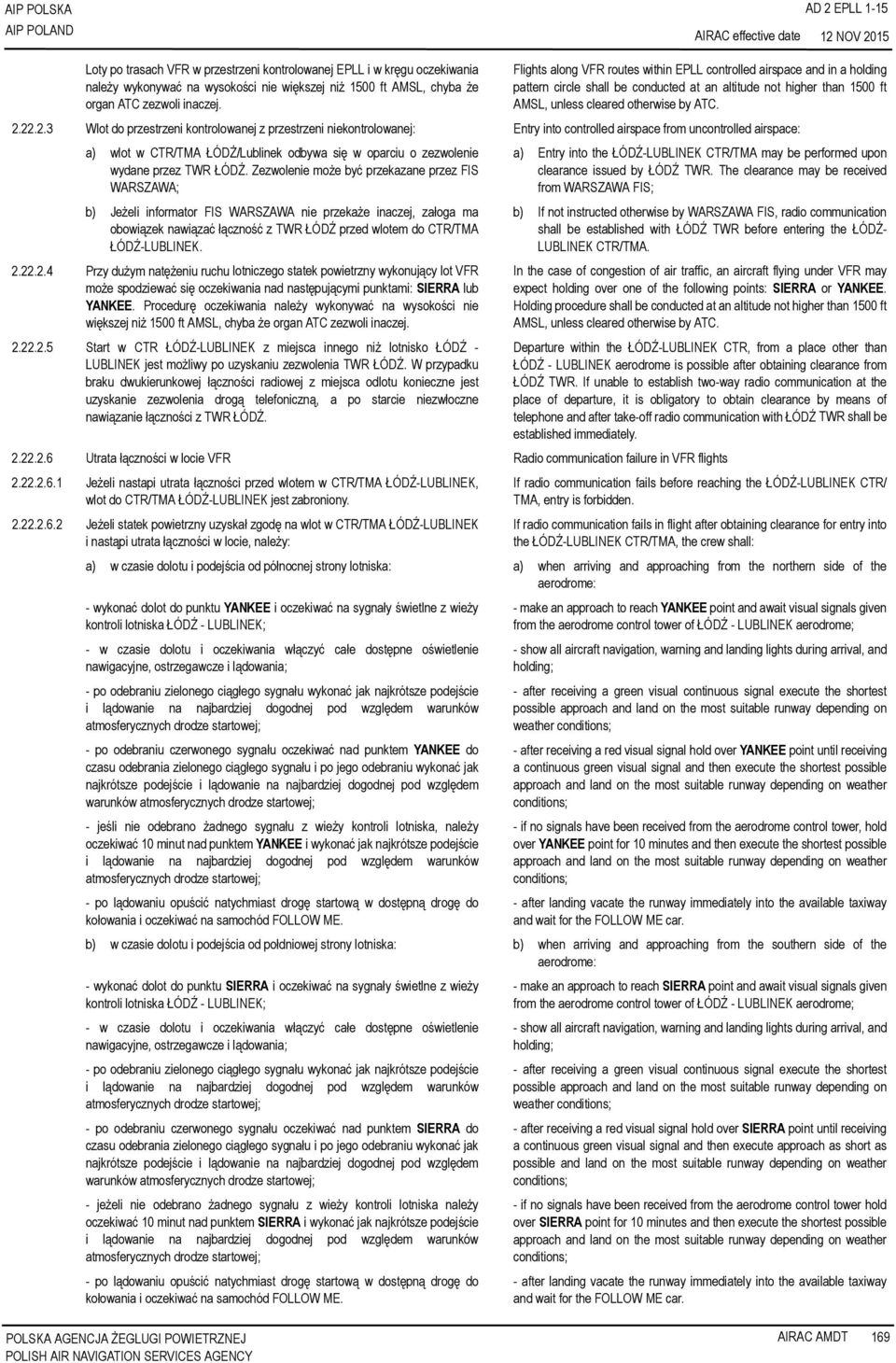22.2.3 Wlot do przestrzeni kontrolowanej z przestrzeni niekontrolowanej: Entry into controlled airspace from uncontrolled airspace: a) wlot w CTR/TMA ŁÓDŻ/Lublinek odbywa się w oparciu o zezwolenie