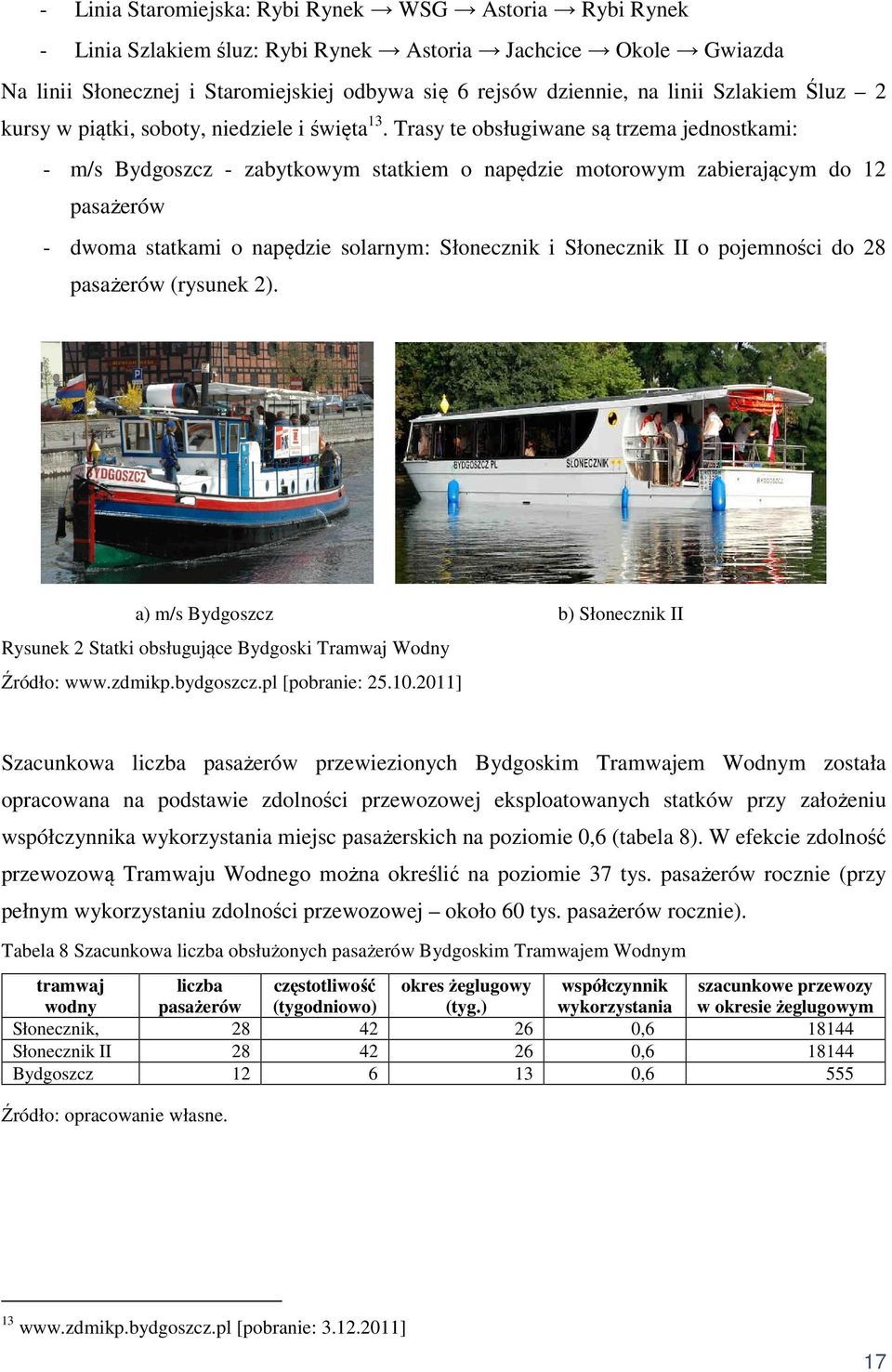 Trasy te obsługiwane są trzema jednostkami: - m/s Bydgoszcz - zabytkowym statkiem o napędzie motorowym zabierającym do 12 pasażerów - dwoma statkami o napędzie solarnym: Słonecznik i Słonecznik II o