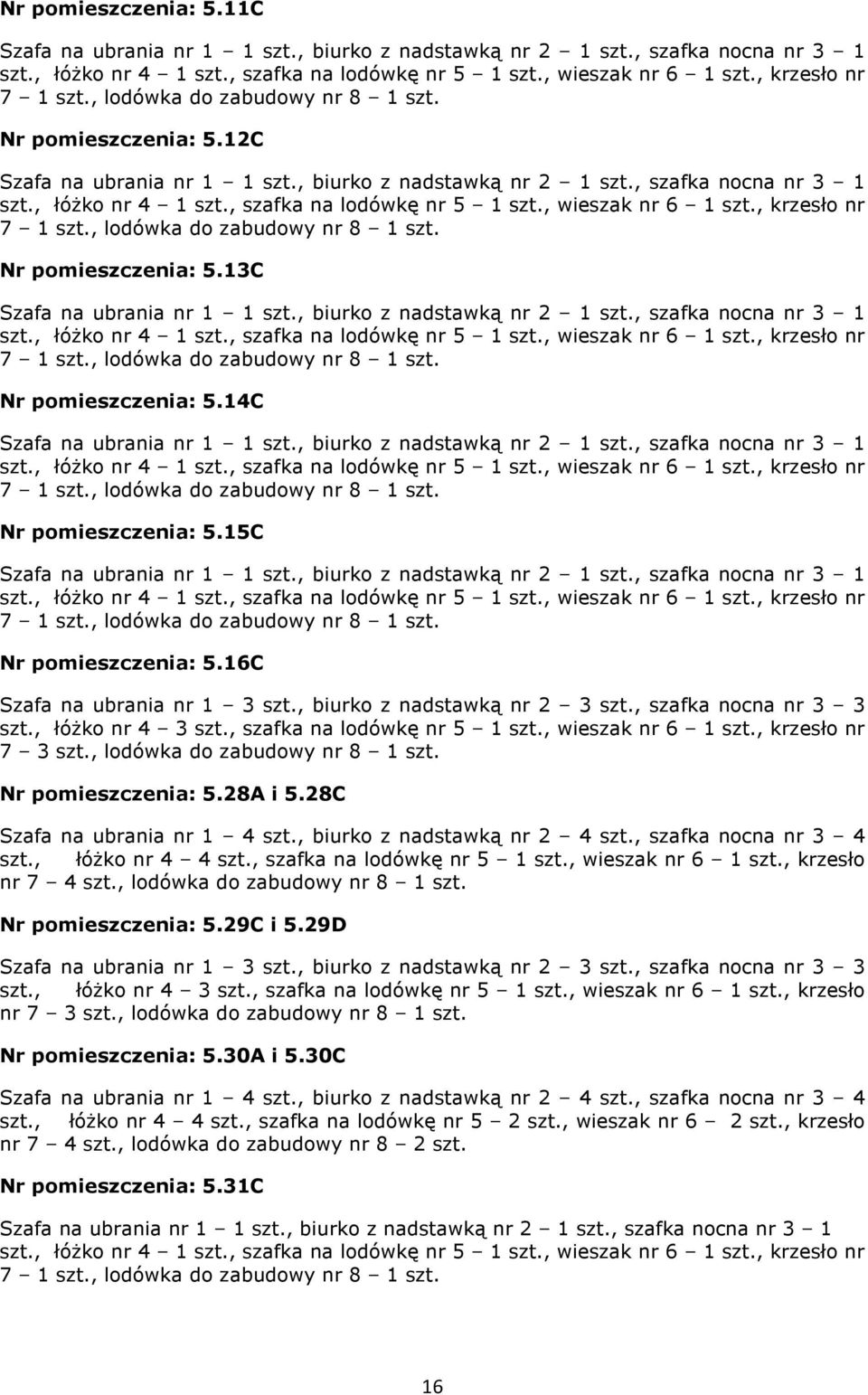 , lodówka do zabudowy nr 8 1 szt. Nr pomieszczenia: 5.29C i 5.29D szt., łóŝko nr 4 3 szt., szafka na lodówkę nr 5 1 szt., wieszak nr 6 1 szt.