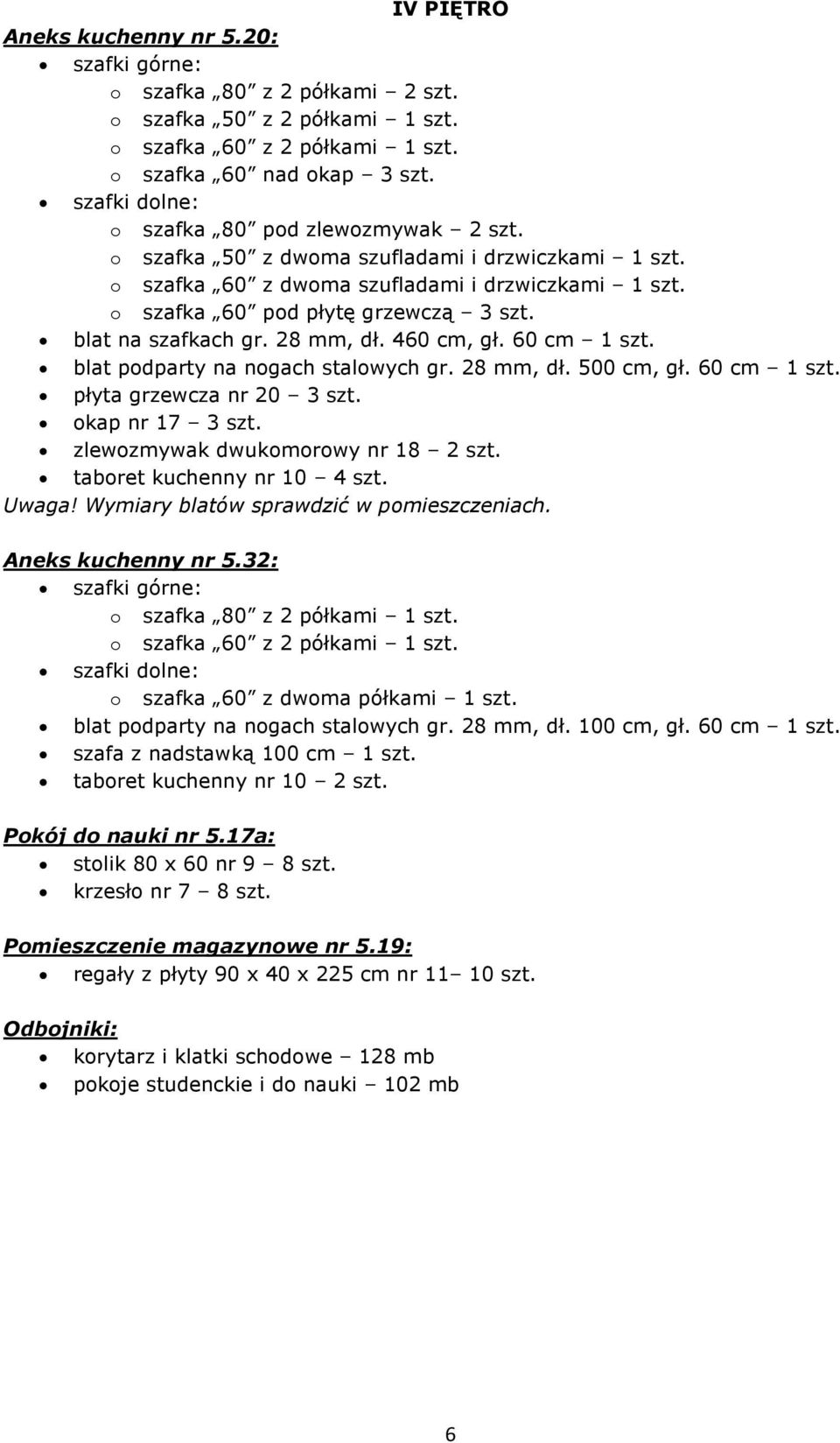 blat podparty na nogach stalowych gr. 28 mm, dł. 500 cm, gł. 60 cm 1 szt. płyta grzewcza nr 20 3 szt. okap nr 17 3 szt. zlewozmywak dwukomorowy nr 18 2 szt. taboret kuchenny nr 10 4 szt. Uwaga!