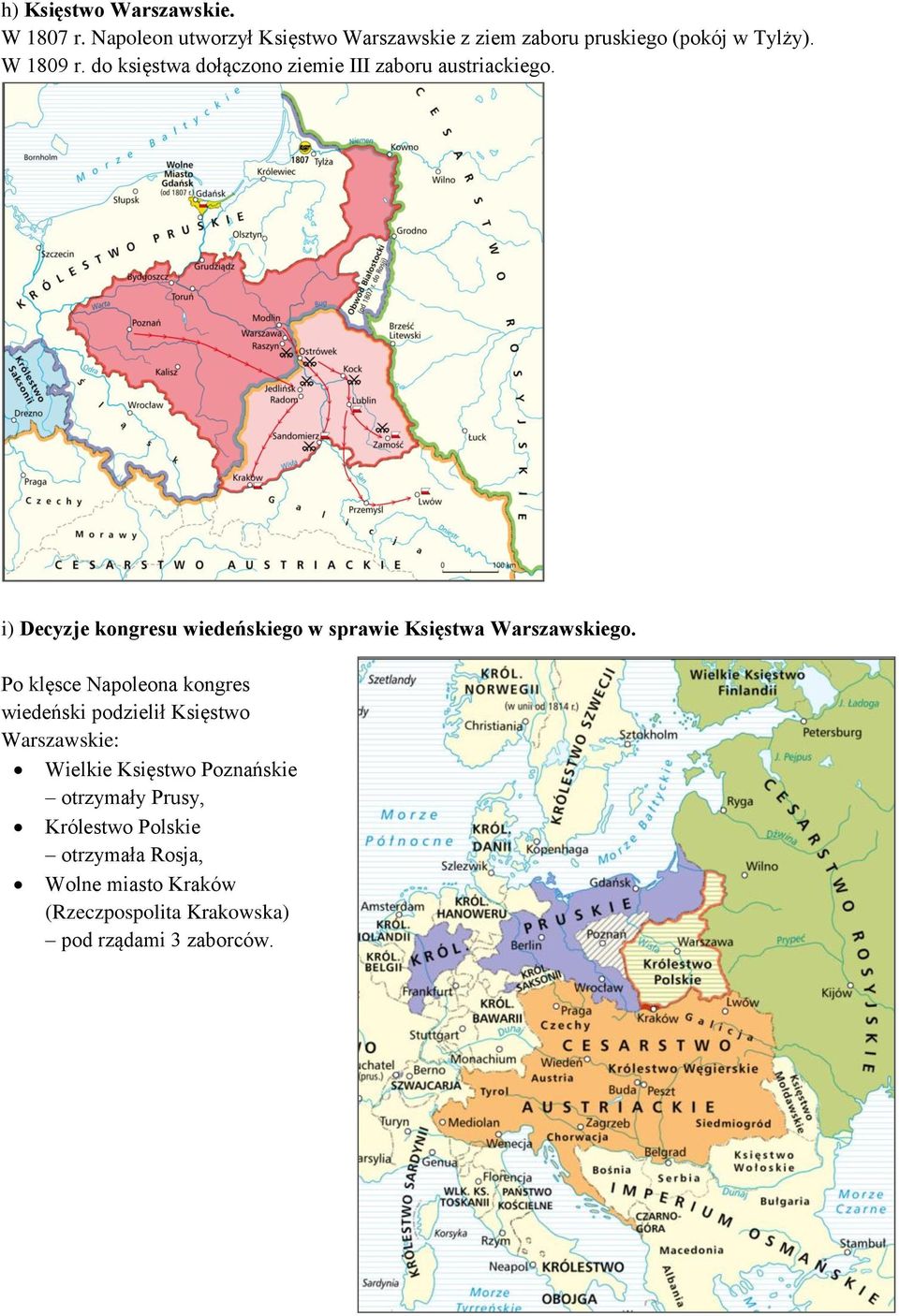 i) Decyzje kongresu wiedeńskiego w sprawie Księstwa Warszawskiego.