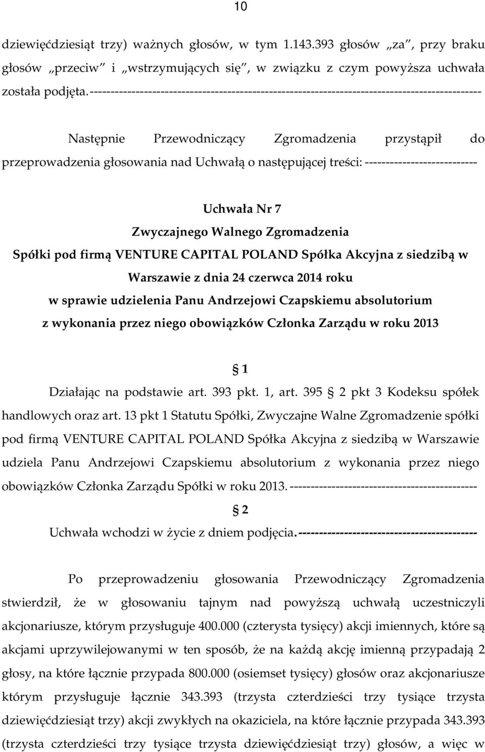 13 pkt 1 Statutu Spółki, Zwyczajne Walne Zgromadzenie spółki pod firmą VENTURE CAPITAL POLAND Spółka Akcyjna z siedzibą w Warszawie udziela Panu Andrzejowi Czapskiemu