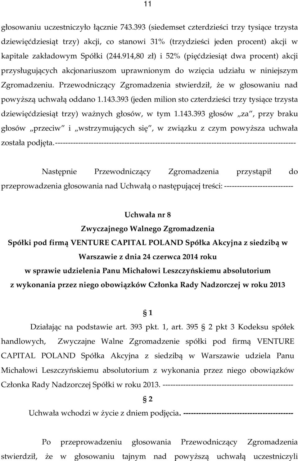 395 pkt 3 Kodeksu spółek handlowych, Zwyczajne Walne Zgromadzenie spółki pod firmą VENTURE CAPITAL POLAND Spółka Akcyjna z siedzibą w Warszawie udziela Panu Michałowi