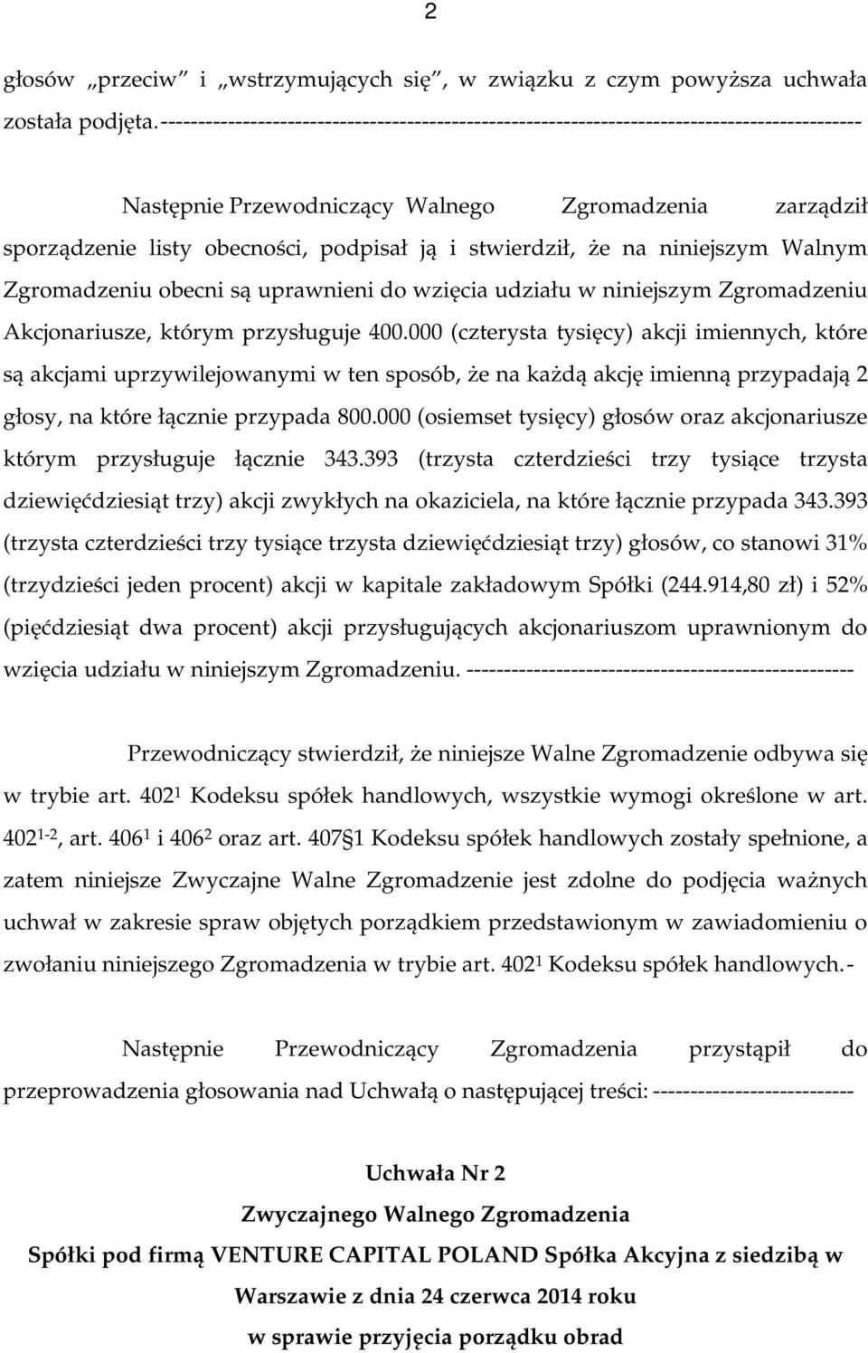 000 (czterysta tysięcy) akcji imiennych, które są (trzysta czterdzieści trzy tysiące trzysta dziewięćdziesiąt trzy) głosów, co stanowi 31% (trzydzieści jeden procent) akcji w kapitale zakładowym