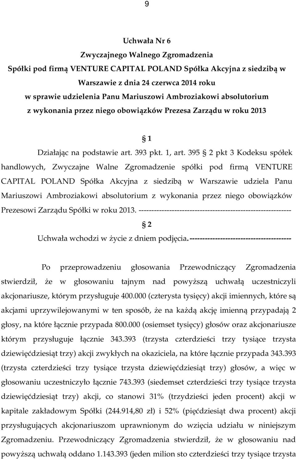 395 pkt 3 Kodeksu spółek handlowych, Zwyczajne Walne Zgromadzenie spółki pod firmą VENTURE CAPITAL POLAND Spółka Akcyjna z siedzibą w Warszawie udziela Panu