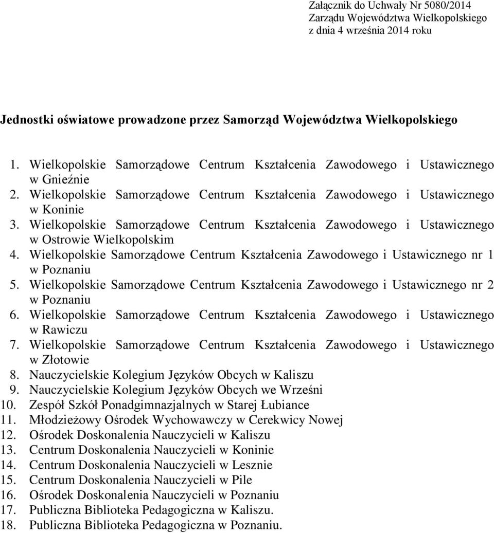 Wielkopolskie Samorządowe Centrum Kształcenia Zawodowego i Ustawicznego w Ostrowie Wielkopolskim 4. Wielkopolskie Samorządowe Centrum Kształcenia Zawodowego i Ustawicznego nr 1 w Poznaniu 5.