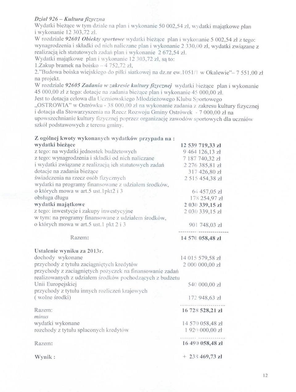 Wydtk mjjtkwe pln wyknne 2,72 zt, ^t: l.zkup brmek n bk - 4 752.72 zl, 2."udwbk wejke d plk tkwcj n dz.nr ew. 5/ w Oklewe"- 7 55. zl n prjekt. W rzdzle 9265 Zdn w zkree kultury fzycznej wydtk bezq.