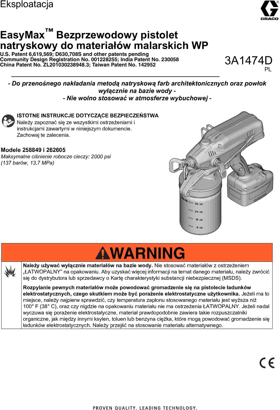 142952 3A1474D PL - Do przenoœnego nak³adania metod¹ natryskow¹ farb architektonicznych oraz pow³ok wy³¹cznie na bazie wody - - Nie wolno stosowaæ w atmosferze wybuchowej - ISTOTNE INSTRUKCJE DOTYCZ