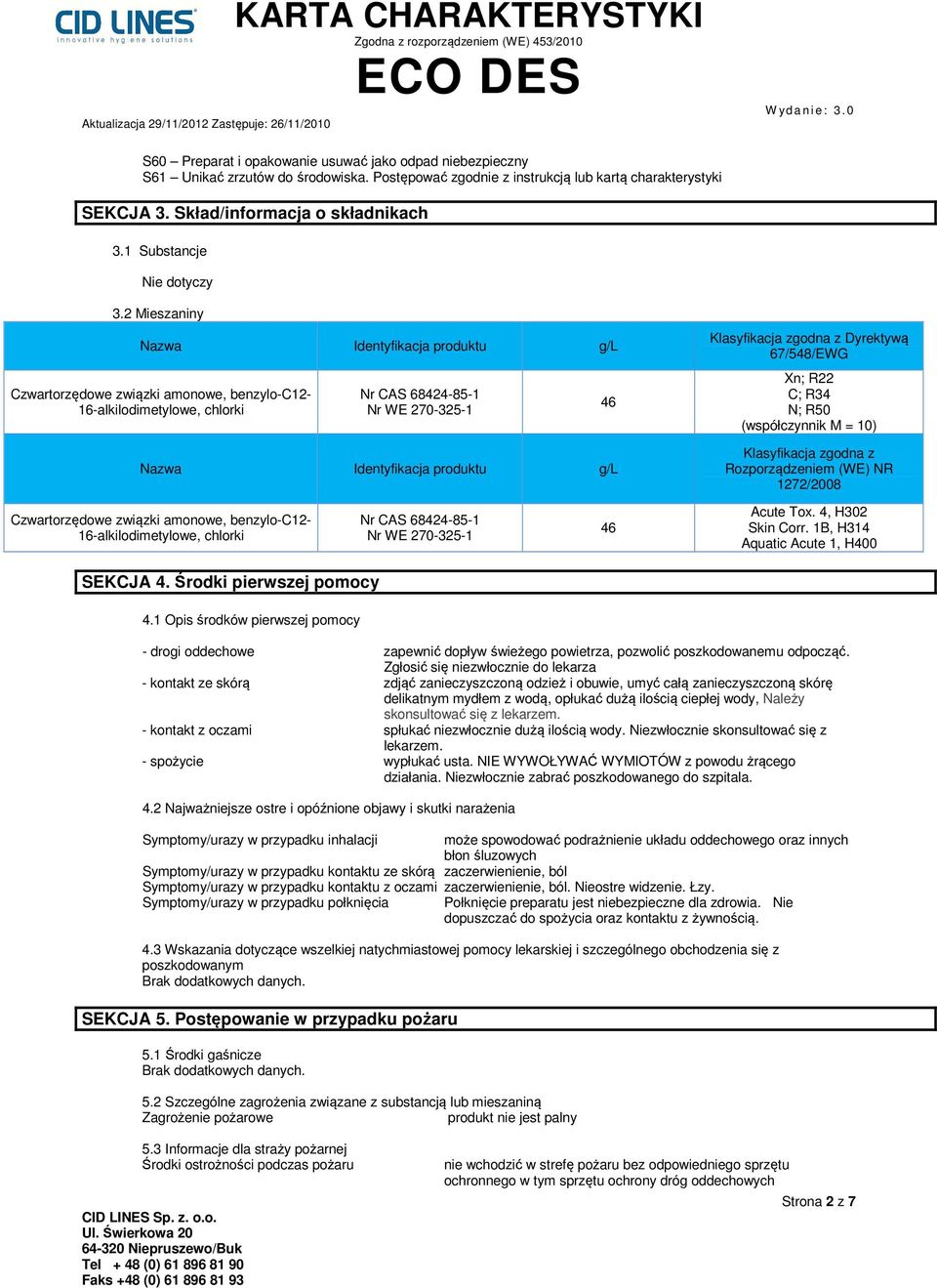 2 Mieszaniny Nazwa Identyfikacja produktu g/l Czwartorzędowe związki amonowe, benzylo-c12-16-alkilodimetylowe, chlorki Nr CAS 68424-85-1 Nr WE 270-325-1 Nazwa Identyfikacja produktu g/l 46