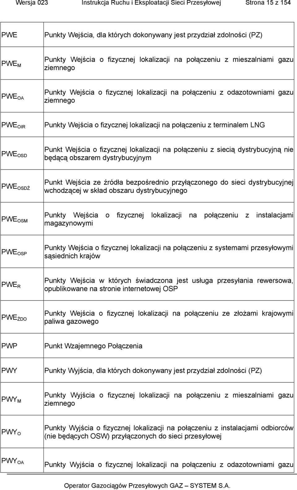 terminalem LNG PWE OSD Punkt Wejścia o fizycznej lokalizacji na połączeniu z siecią dystrybucyjną nie będącą obszarem dystrybucyjnym PWE OSDŹ Punkt Wejścia ze źródła bezpośrednio przyłączonego do