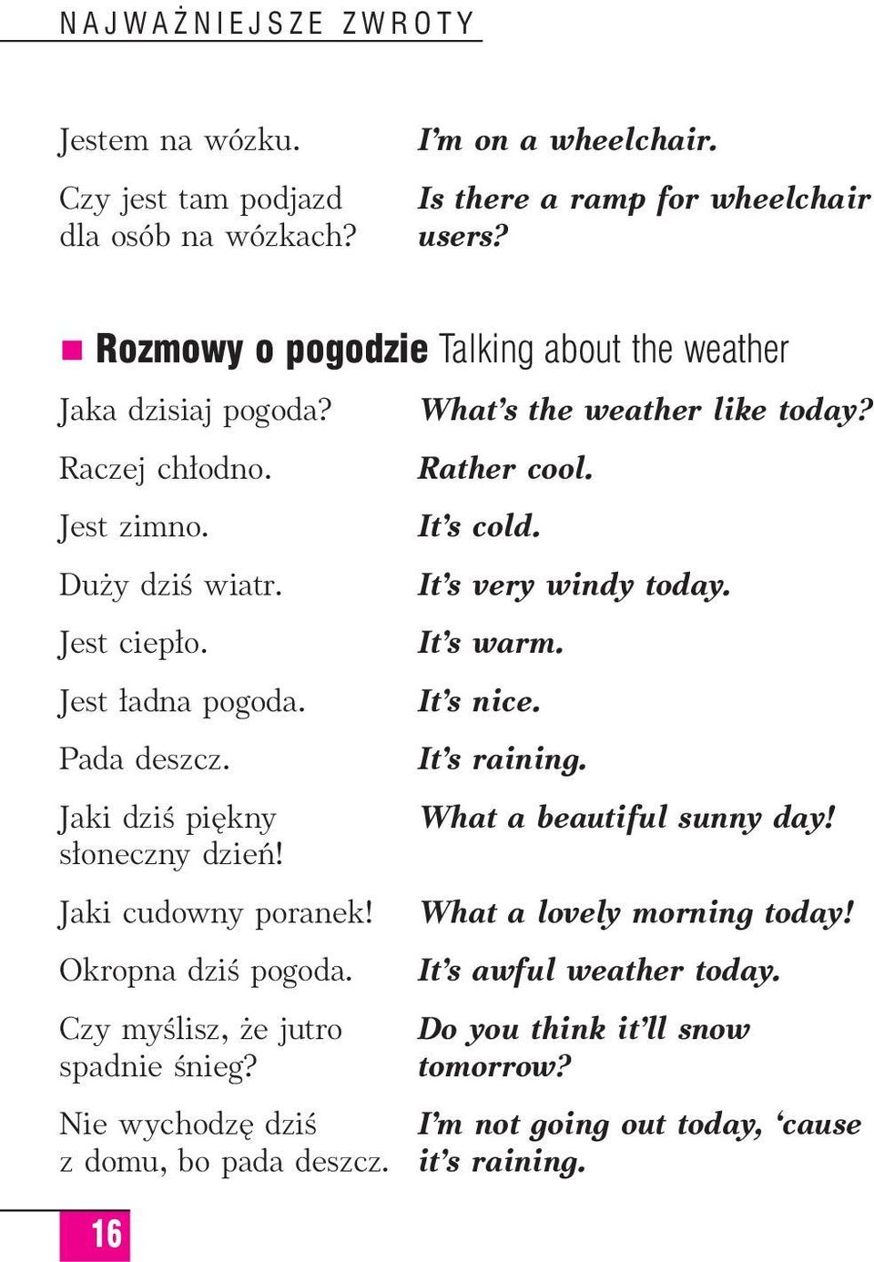 It s very windy today. Jest ciep o. It s warm. Jest adna pogoda. It s nice. Pada deszcz. It s raining. Jaki dziê pi kny What a beautiful sunny day! s oneczny dzieƒ!