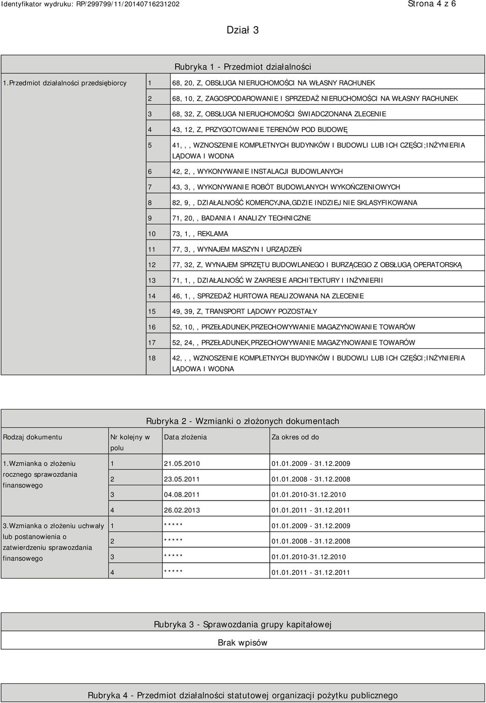 ŚWIADCZONANA ZLECE 4 43, 12, Z, PRZYGOTOWA TERENÓW POD BUDOWĘ 5 41,,, WZNOSZE KOMPLETNYCH BUDYNKÓW I BUDOWLI LUB ICH CZĘŚCI;INŻYRIA LĄDOWA I WODNA 6 42, 2,, WYKONYWA INSTALACJI BUDOWLANYCH 7 43, 3,,