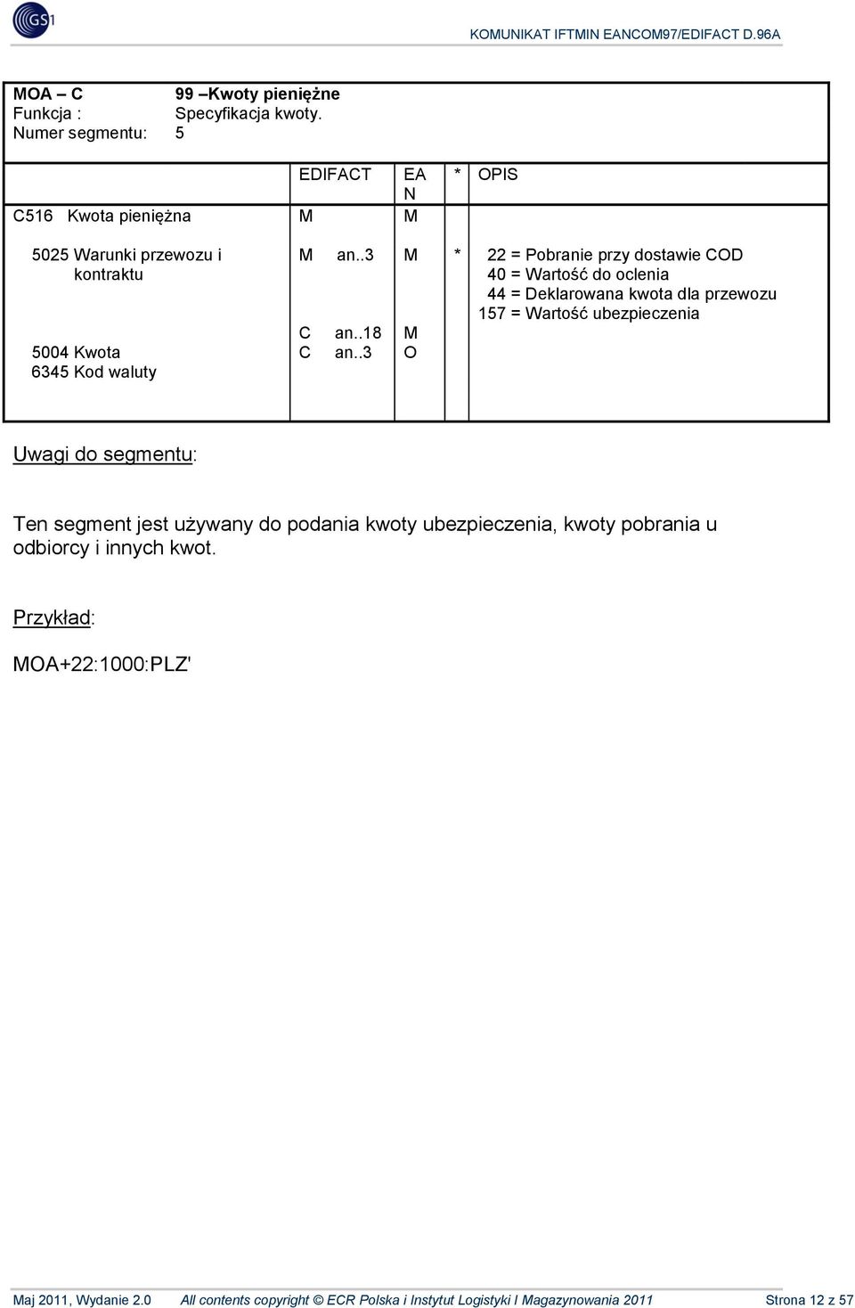 .18 * 22 = Pobranie przy dostawie D 40 = Wartość do oclenia 44 = Deklarowana kwota dla przewozu 157 = Wartość ubezpieczenia Ten segment