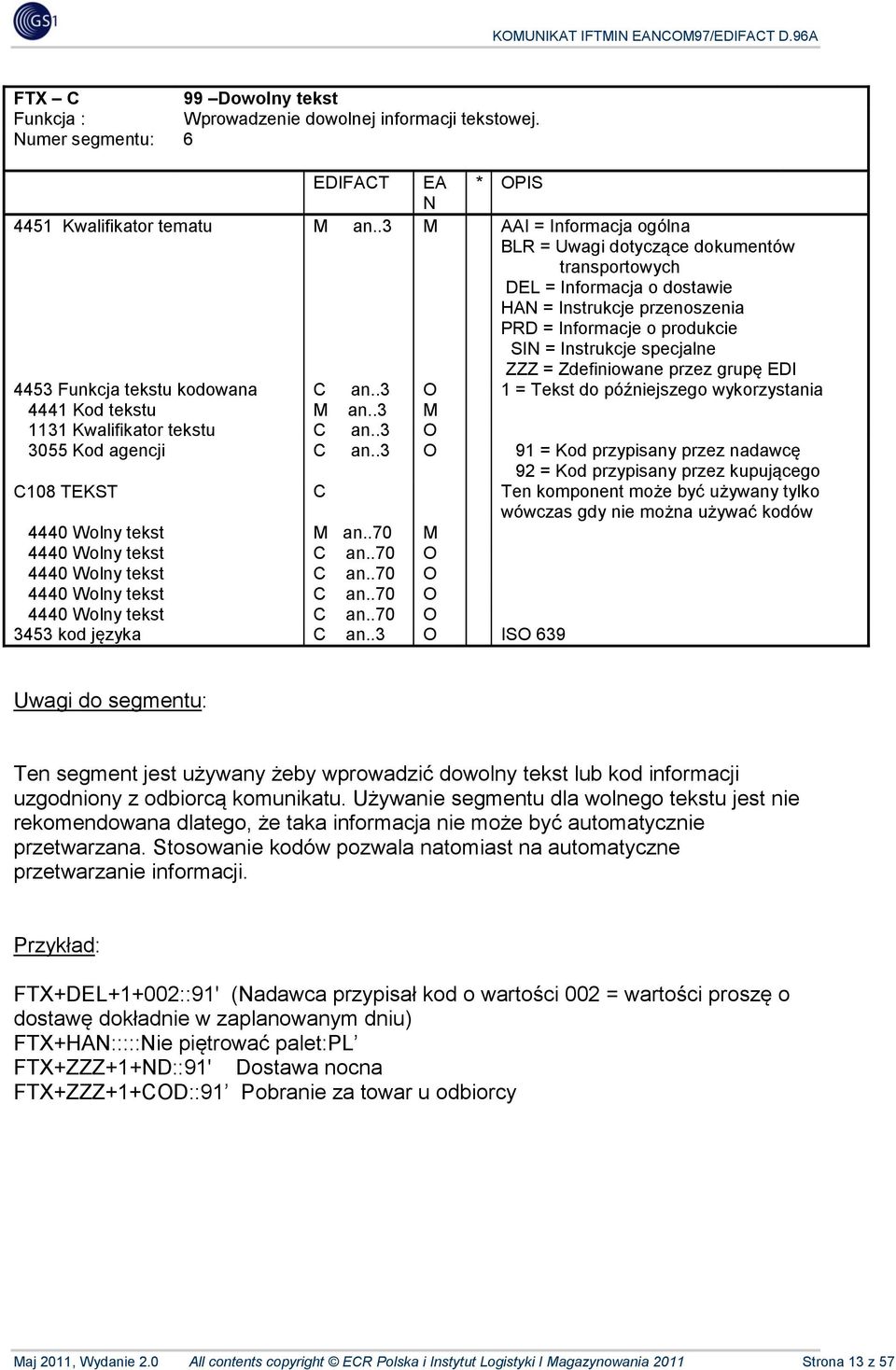 Informacje o produkcie SIN = Instrukcje specjalne ZZZ = Zdefiniowane przez grupę EDI 4453 Funkcja tekstu kodowana 1 = Tekst do późniejszego wykorzystania 4441 Kod tekstu 1131 Kwalifikator tekstu 3055