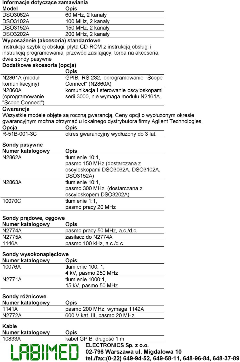 oprogramowanie "Scope komunikacyjny) Connect" (N2860A) N2860A komunikacja i sterowanie oscyloskopami (oprogramowanie serii 3000, nie wymaga modułu N2161A.