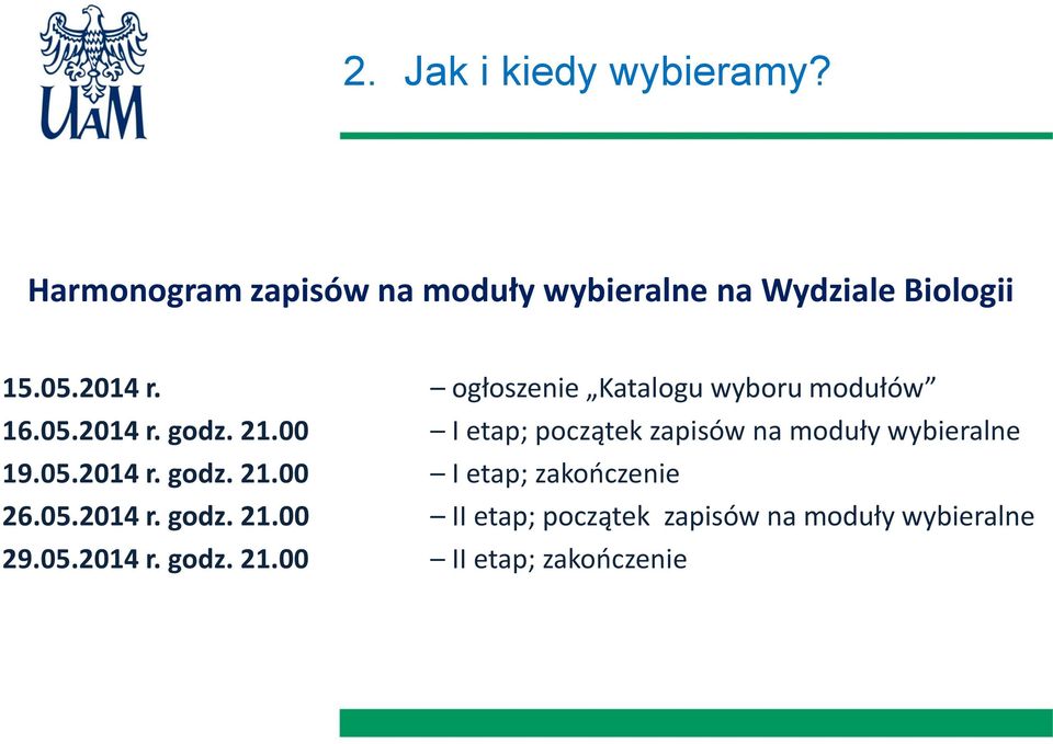 00 I etap; początek zapisów na moduły wybieralne 19.05.2014 r. godz. 21.