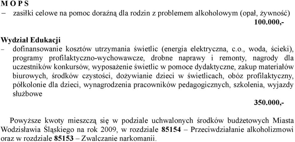 oc doraźną dla rodzin z problemem alkoholowym (opał, żywność) 100.000,- Wydział Edukacji dofinansowanie kosztów utrzymania świetlic (energia elektryczna, c.o., woda, ścieki), programy