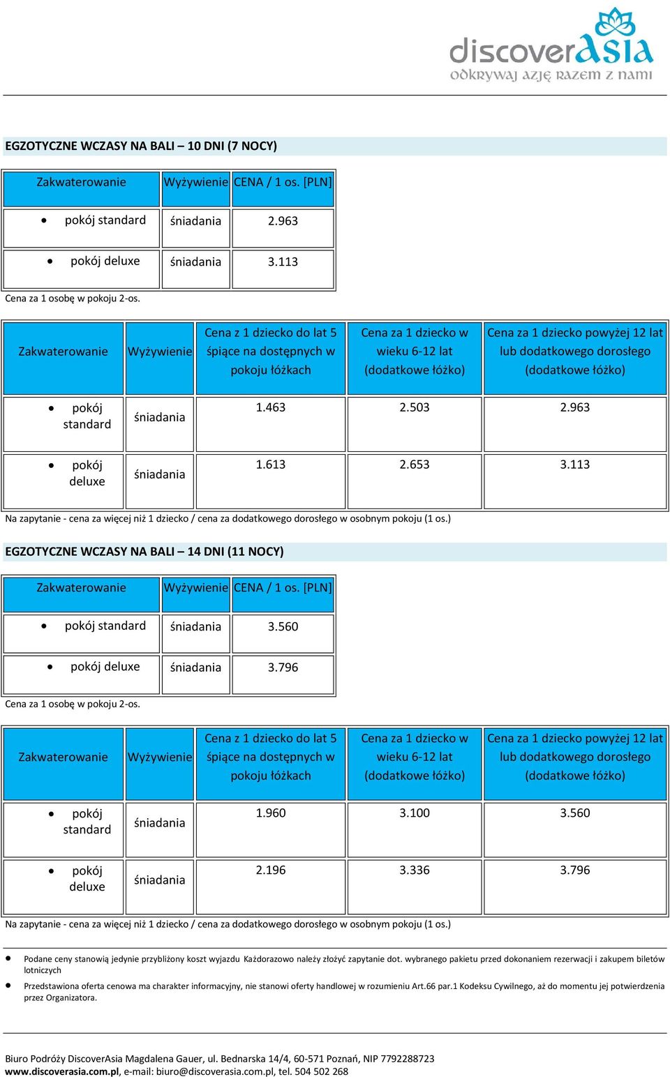 łóżko) pokój standard śniadania 1.463 2.503 2.963 pokój deluxe śniadania 1.613 2.653 3.113 Na zapytanie - cena za więcej niż 1 dziecko / cena za dodatkowego dorosłego w osobnym pokoju (1 os.