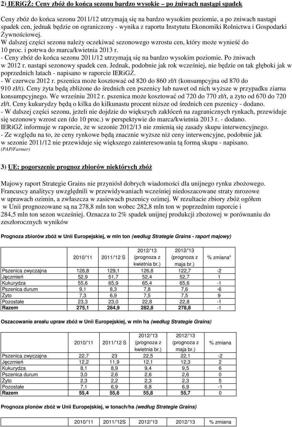 i potrwa do marca/kwietnia 2013 r. - Ceny zbóż do końca sezonu 2011/12 utrzymają się na bardzo wysokim poziomie. Po żniwach w 2012 r. nastąpi sezonowy spadek cen.