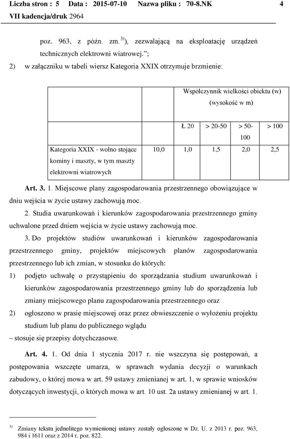 wiatrowych Ł 20 > 20-50 > 50- > 100 100 10,0 1,0 1,5 2,0 2,5 Art. 3. 1. Miejscowe plany zagospodarowania przestrzennego obowiązujące w dniu wejścia w życie ustawy zachowują moc. 2. Studia uwarunkowań i kierunków zagospodarowania przestrzennego gminy uchwalone przed dniem wejścia w życie ustawy zachowują moc.