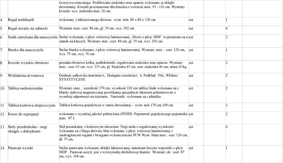szt 4 6 Szafa zamykana dla nauczyciela Stelaż wykonany z płyty wiórowej laminowanej, Drzwi z płyty MDF wyposażone są w zamek na kluczyk. Wymiary min.: szer. 84 cm, gł. 39 cm, wys. 202 cm.