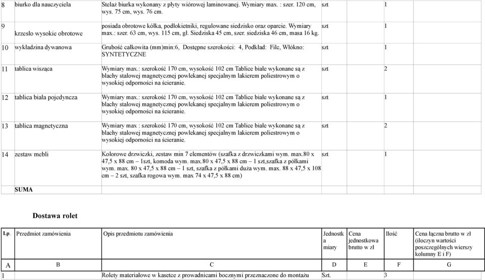 10 wykładzina dywanowa Grubość całkowita (mm)min:6, Dostępne szerokości: 4, Podkład: Filc, Włókno: SYNTETYCZNE 11 tablica wisząca Wymiary max.