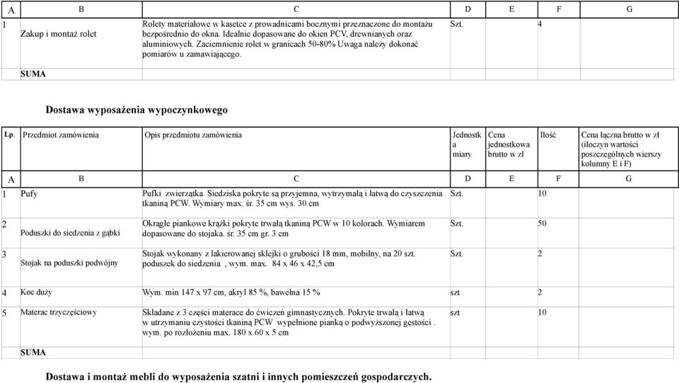 4 Dostawa wyposażenia wypoczynkowego a miary wa brutto w zł łączna brutto w zł (iloczyn wierszy kolumny E 1 Pufy Pufki zwierzątka Siedziska pokryte są przyjemna, wytrzymałą i łatwą do czyszczenia