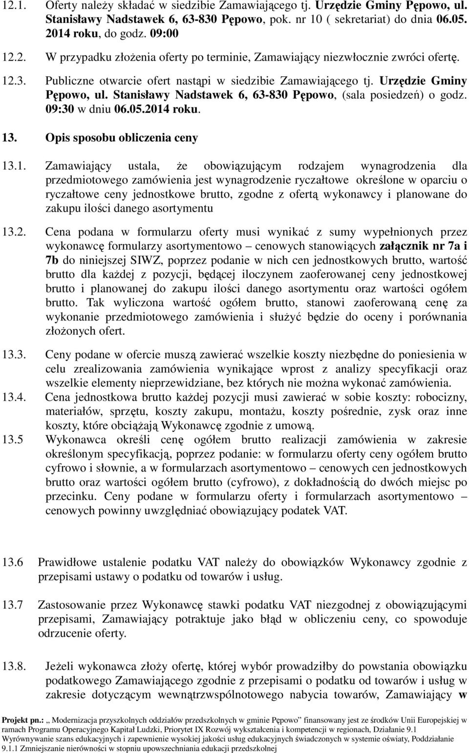 Opis sposobu obliczenia ceny 13