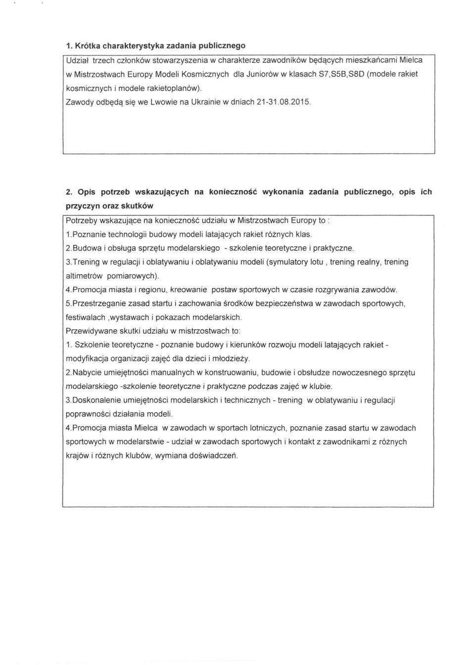 2, Opis potrzeb wskazujących na konieczność wykonania zadania publicznego, opis ich przyczyn oraz skutków Potrzeby wskazujące na konieczność udziału w Mistrzostwach Europy to : 1.