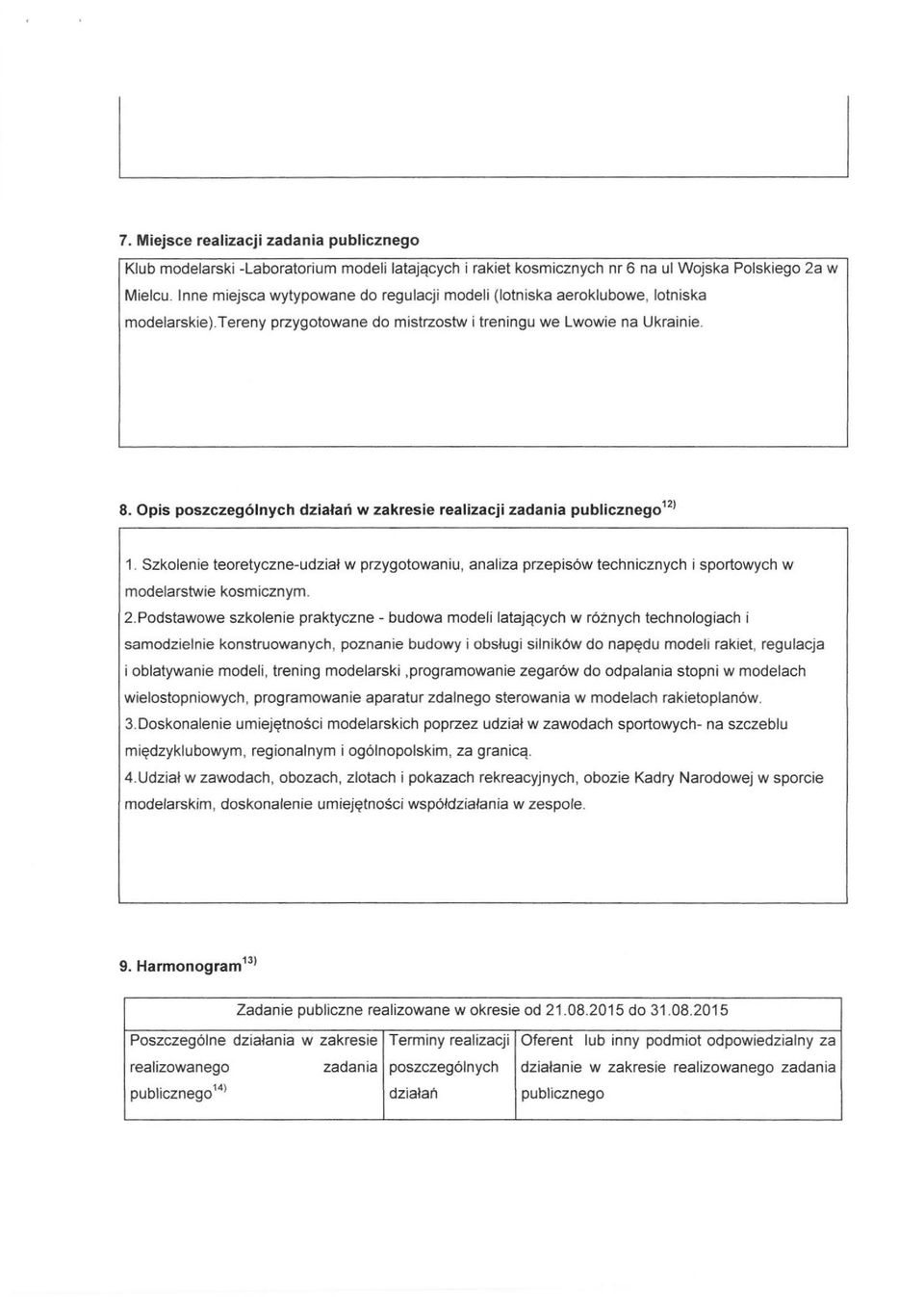 Opis poszczególnych działań w zakresie realizacji zadania publicznego 12) 1. Szkolenie teoretyczne-udział w przygotowaniu, analiza przepisów technicznych i sportowych w modelarstwie kosmicznym. 2.