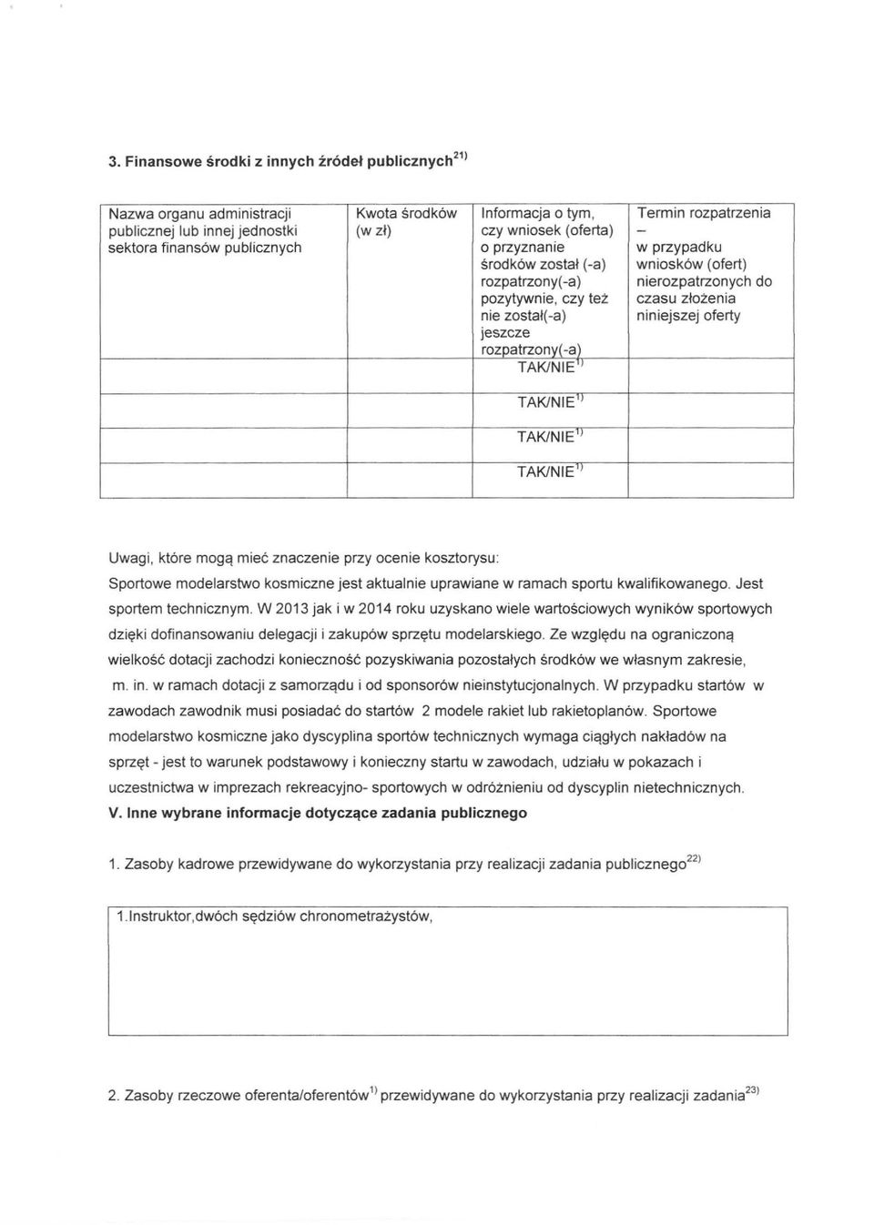 rozpatrzony( -a) TAK/NIE " TAK/NIE" TAK/NIE" TAK/NIE " Uwagi, które mogą mieć znaczenie przy ocenie kosztorysu: Sportowe modelarstwo kosmiczne jest aktualnie uprawiane w ramach sportu kwalifikowanego.
