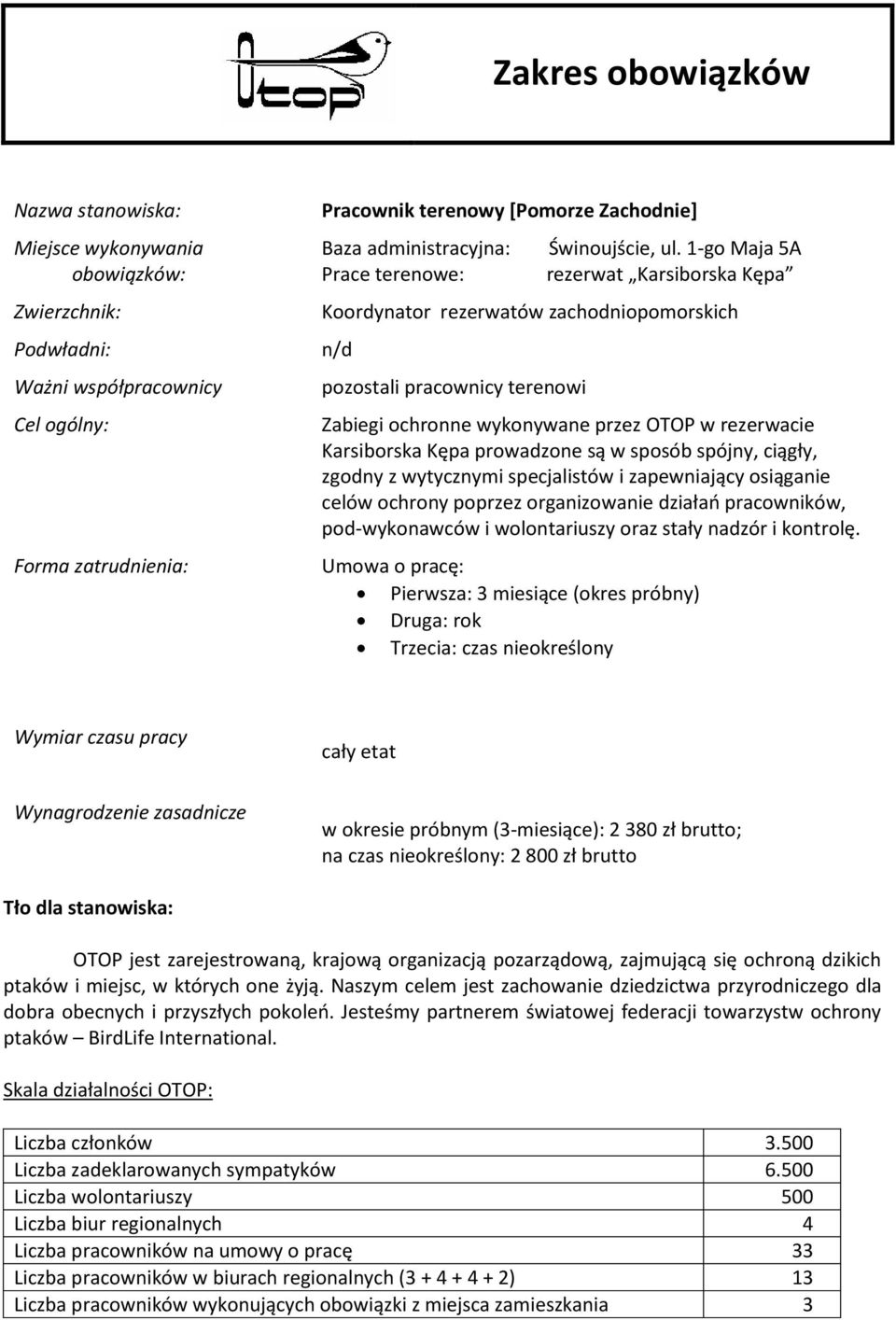 1-go Maja 5A rezerwat Karsiborska Kępa Koordynator rezerwatów zachodniopomorskich n/d pozostali pracownicy terenowi Zabiegi ochronne wykonywane przez OTOP w rezerwacie Karsiborska Kępa prowadzone są