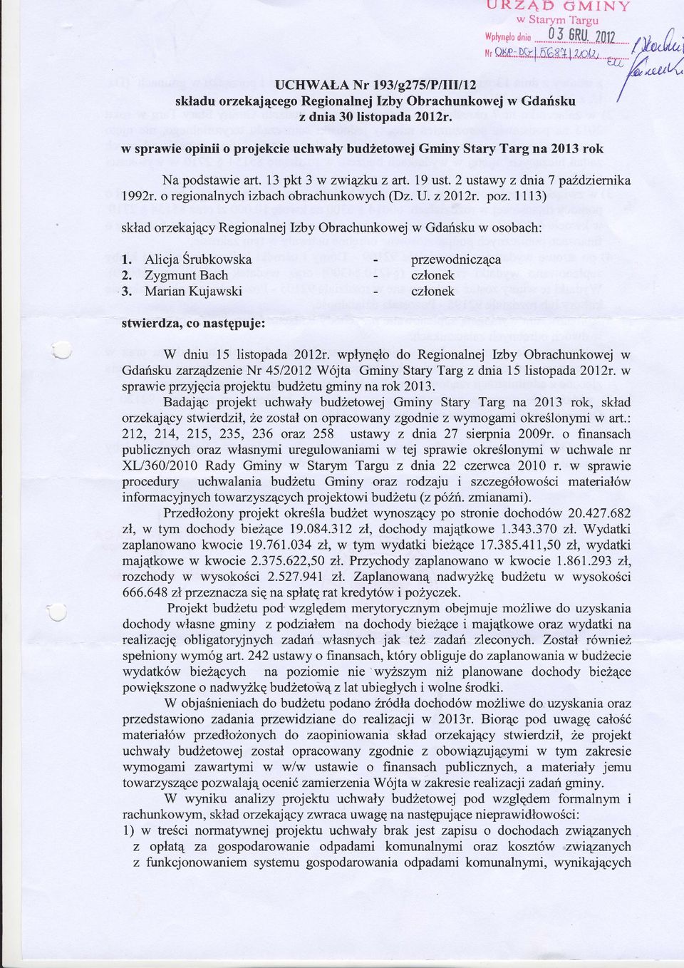 w sprawie opinii o projekcie uchwaly bud2etowej Gminy Stary Targ na 2013 rok Na podstawieart. 13 pkt 3 w zwiqzlcuz art. 19 ust. 2 ustawyz dnia7 puldziernika (Dz.U. z20l2r. poz. 1113) 1992r.