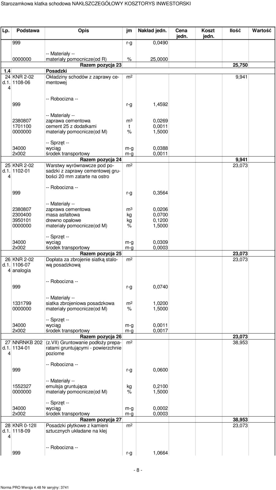 KNR -0 1108-06 Okładziny schodów z zaprawy cementowej 999 r-g 1,59 8080 zaprawa cementowa m 0,069 101100 cement 5 z dodatkami t 0,0011 000 wyciąg m-g 0,088 x00 środek transportowy m-g 0,0011 5 KNR -0