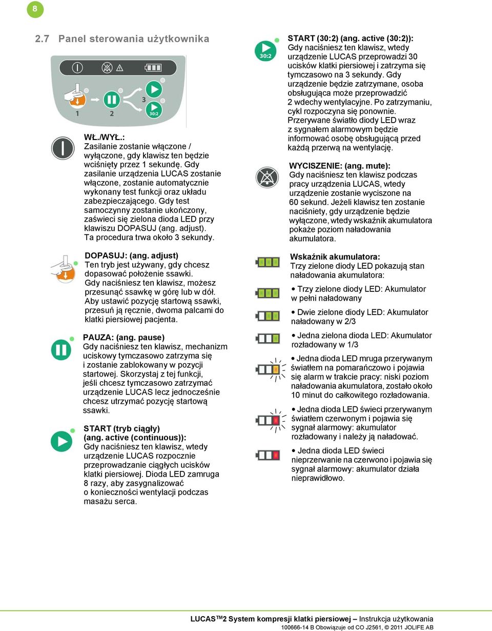 Gdy test samoczynny zostanie ukończony, zaświeci się zielona dioda LED przy klawiszu DOPASUJ (ang. adjust). Ta procedura trwa około 3 sekundy. DOPASUJ: (ang.