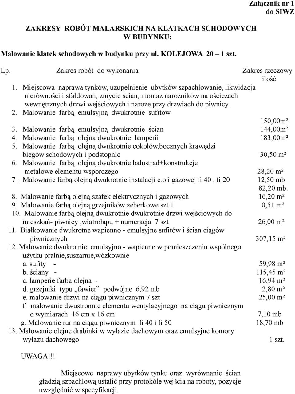 Miejscowa naprawa tynków, uzupełnienie ubytków szpachlowanie, likwidacja nierówności i sfałdowań, zmycie ścian, montaż narożników na ościeżach wewnętrznych drzwi wejściowych i naroże przy drzwiach do