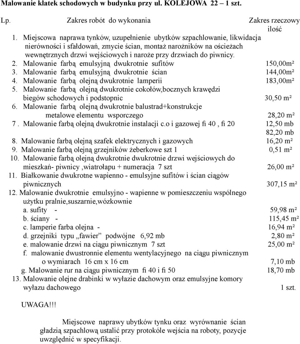 piwnicy. 2. Malowanie farbą emulsyjną dwukrotnie sufitów 150,00m² 3. Malowanie farbą emulsyjną dwukrotnie ścian 144,00m² 4. Malowanie farbą olejną dwukrotnie lamperii 183,00m² 5.