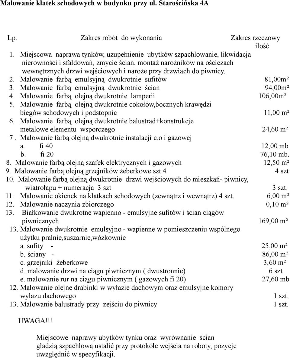 piwnicy. 2. Malowanie farbą emulsyjną dwukrotnie sufitów 81,00m² 3. Malowanie farbą emulsyjną dwukrotnie ścian 94,00m² 4. Malowanie farbą olejną dwukrotnie lamperii 106,00m² 5.