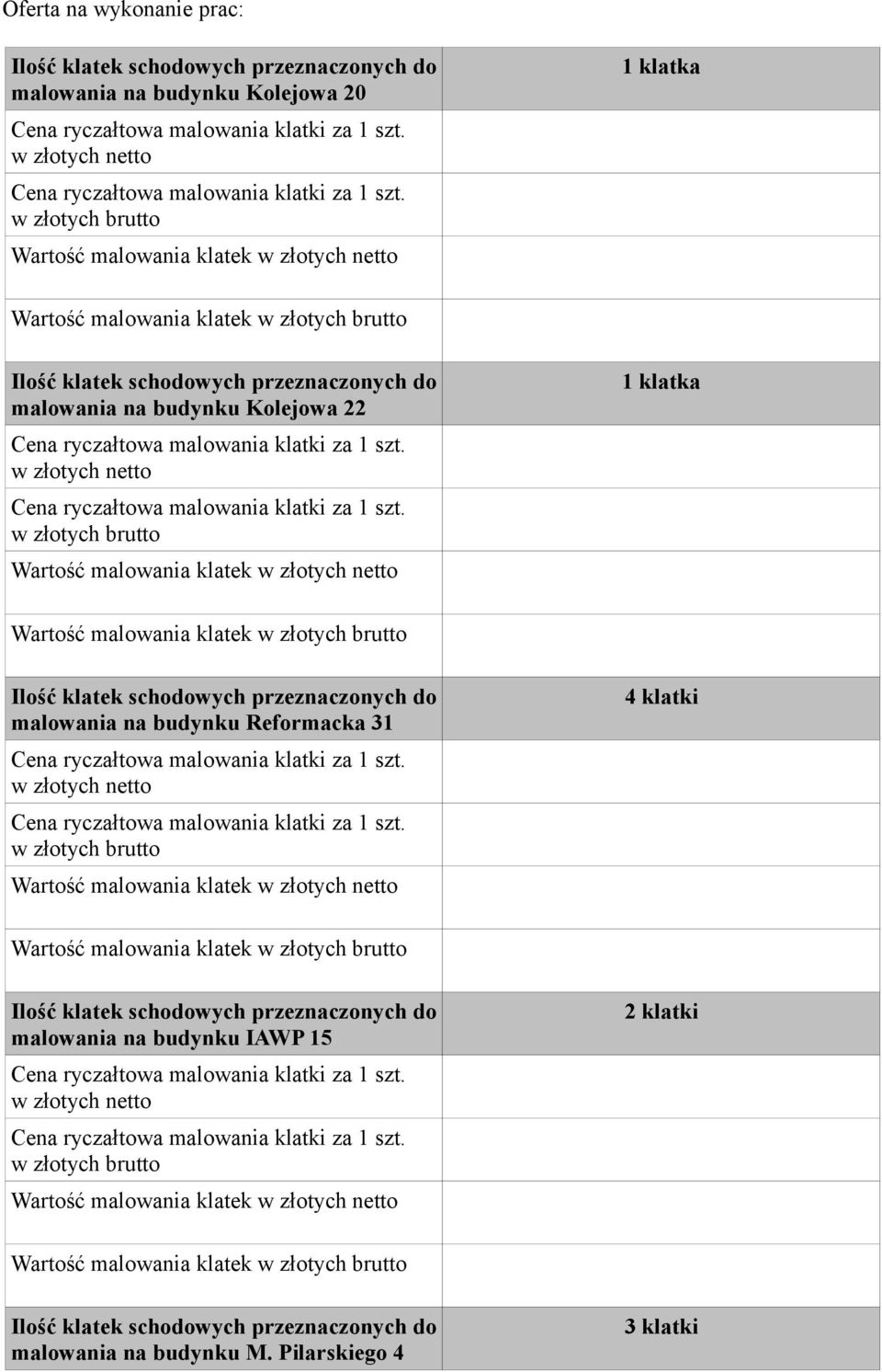 malowania klatek w złotych brutto Ilość klatek schodowych przeznaczonych do malowania na budynku Reformacka 31 w złotych netto w złotych brutto Wartość malowania klatek w złotych netto 4 klatki