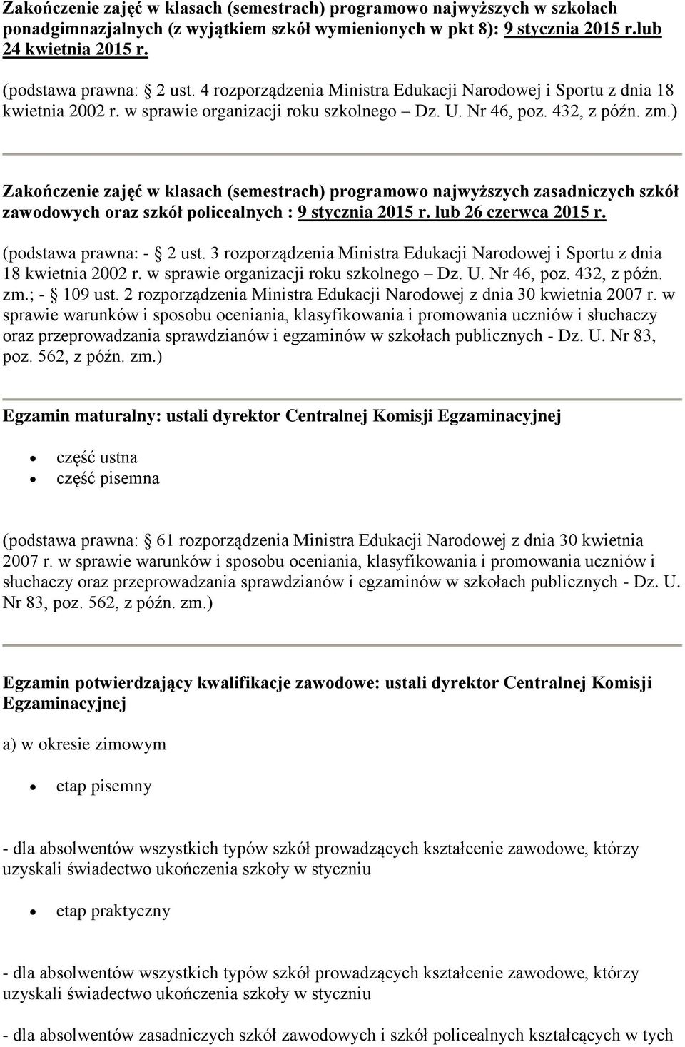 4 rozporządzenia Ministra Edukacji Narodowej i Sportu z dnia 18 Zakończenie zajęć w klasach (semestrach) programowo najwyższych zasadniczych szkół zawodowych oraz szkół policealnych : 9 stycznia 2015