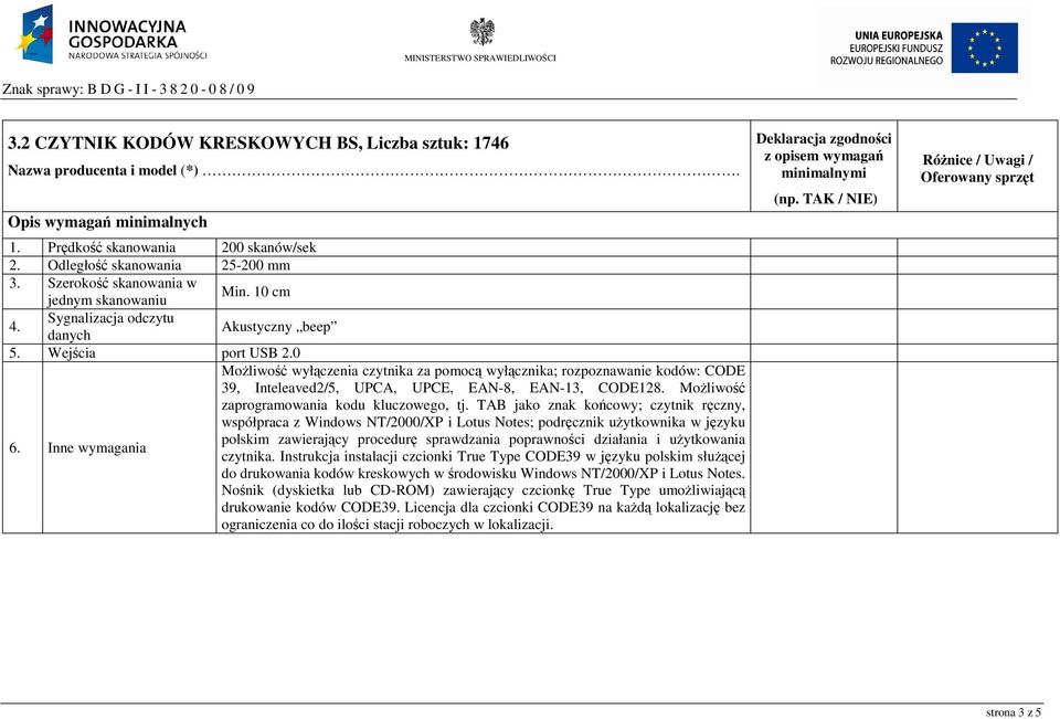 Inne wymagania MoŜliwość wyłączenia czytnika za pomocą wyłącznika; rozpoznawanie kodów: CODE 39, Inteleaved2/5, UPCA, UPCE, EAN-8, EAN-13, CODE128. MoŜliwość zaprogramowania kodu kluczowego, tj.