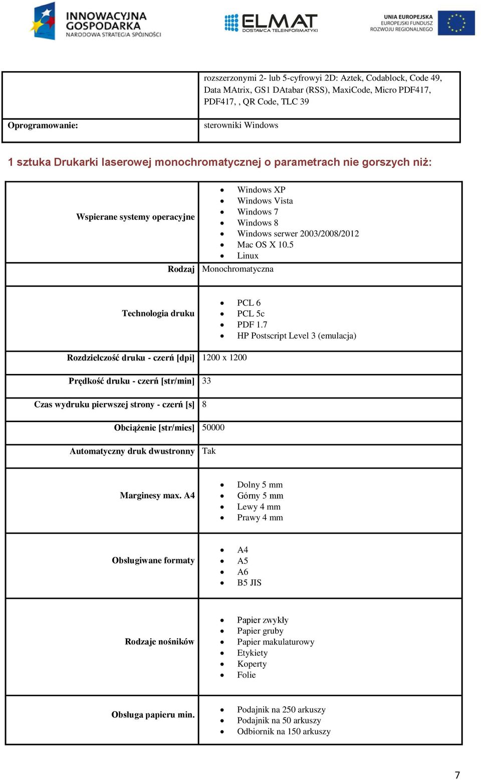 5 Linux Rodzaj Monochromatyczna Technologia druku PCL 6 PCL 5c PDF 1.